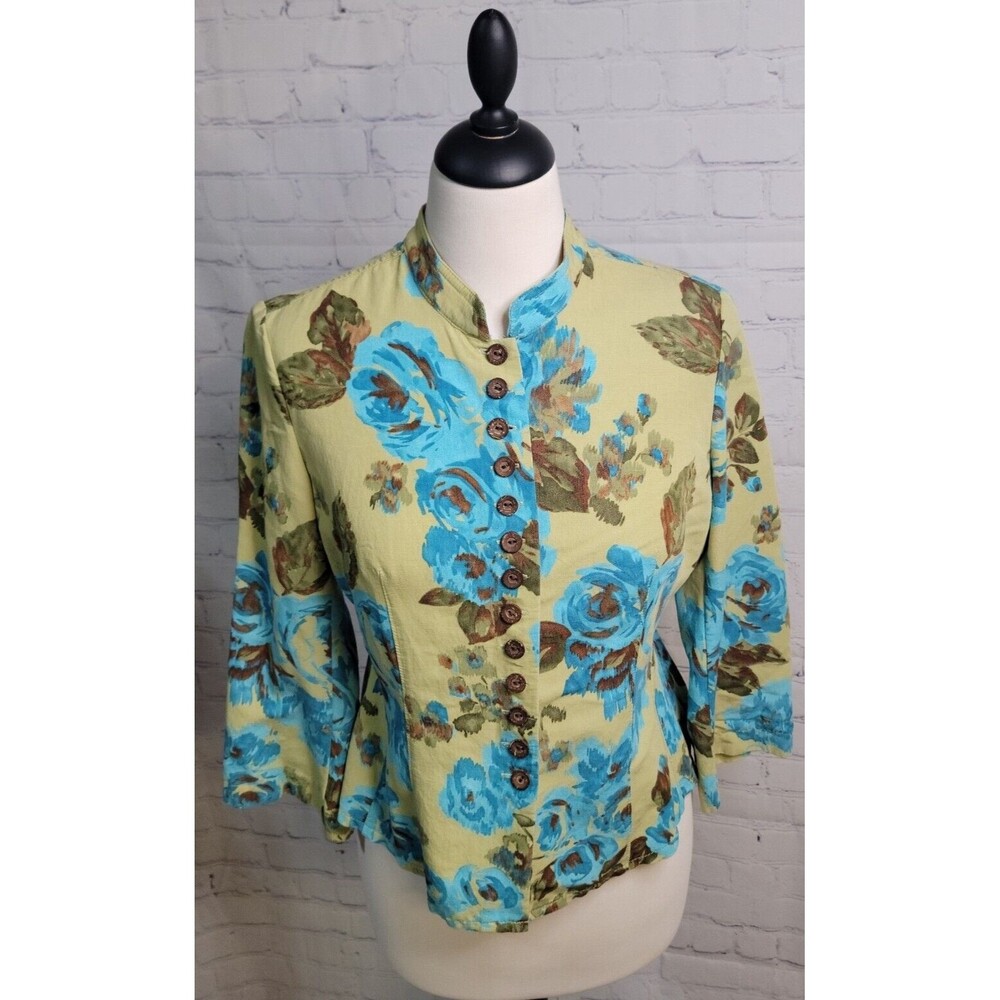 Emma James Women's Size 8 Button Front Floral Top Blue Green Brown Blouse